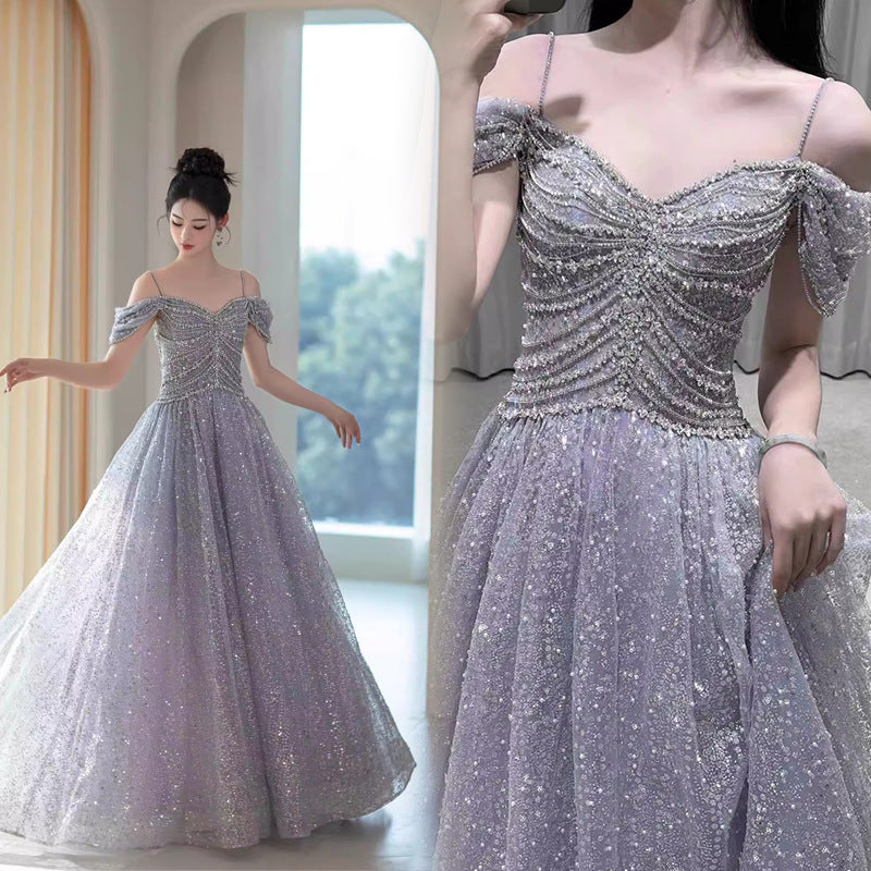 2025 light luxury banquet evening dress 2025 new suspender heavy industry fluffy long dress birthday party party dress