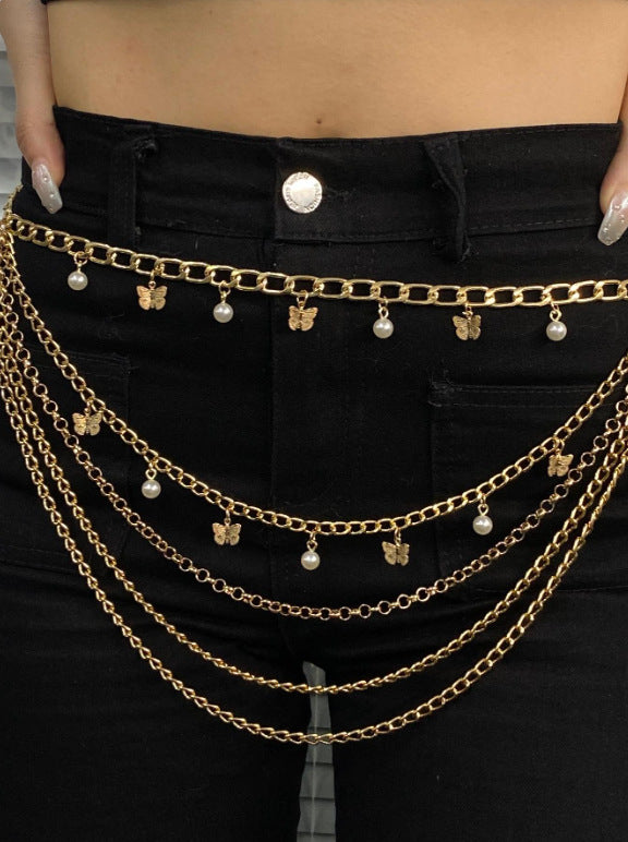 MW3545 2025 waist chain butterfly pearl pendant mixed multi-layer metal personalized waist chain body chain