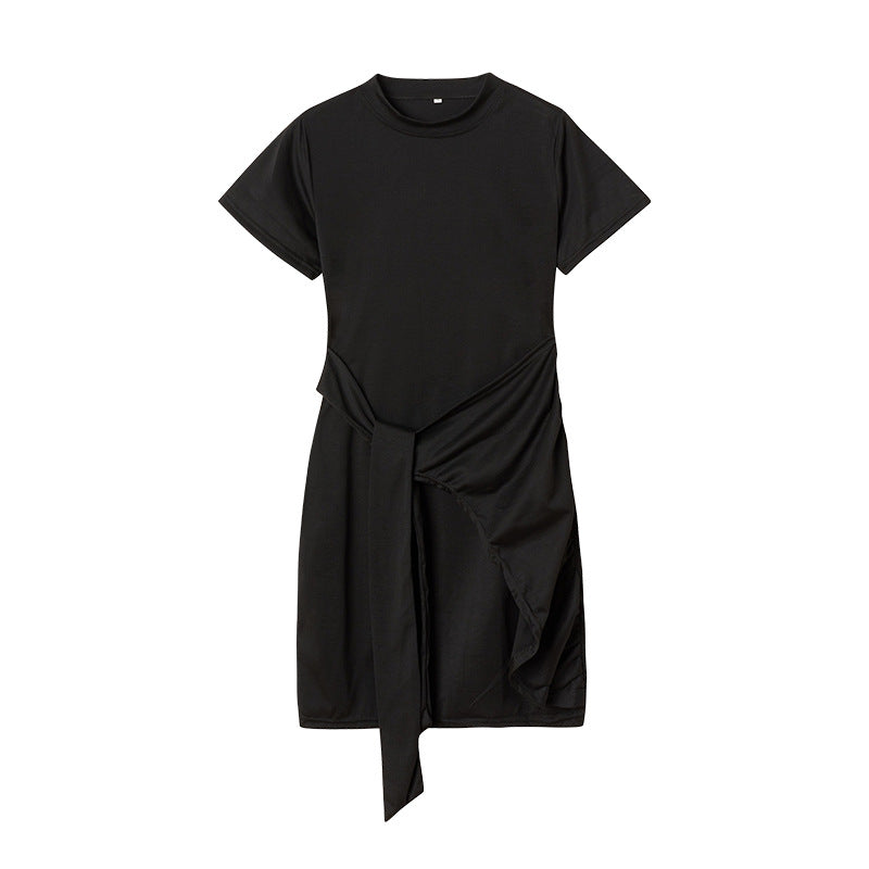 ZllKl European and American Popular Short Sleeve round Neck Pleated Bow Belt Irregular Dress