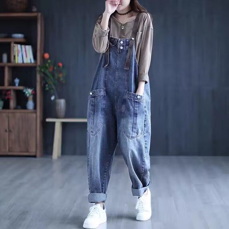 Plump Girls Jeans Suspender Pants for Women 2025 Spring and Autumn New plus Size Korean Style Loose Slimming Harem Casual Jeans