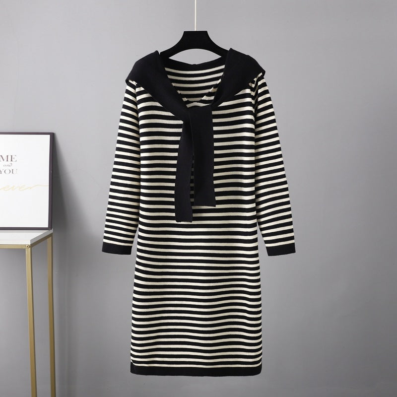 ZllKl New autumn and winter new striped age-reducing and thin long knitted sweater shawl temperament 2025 style sweater women's dress
