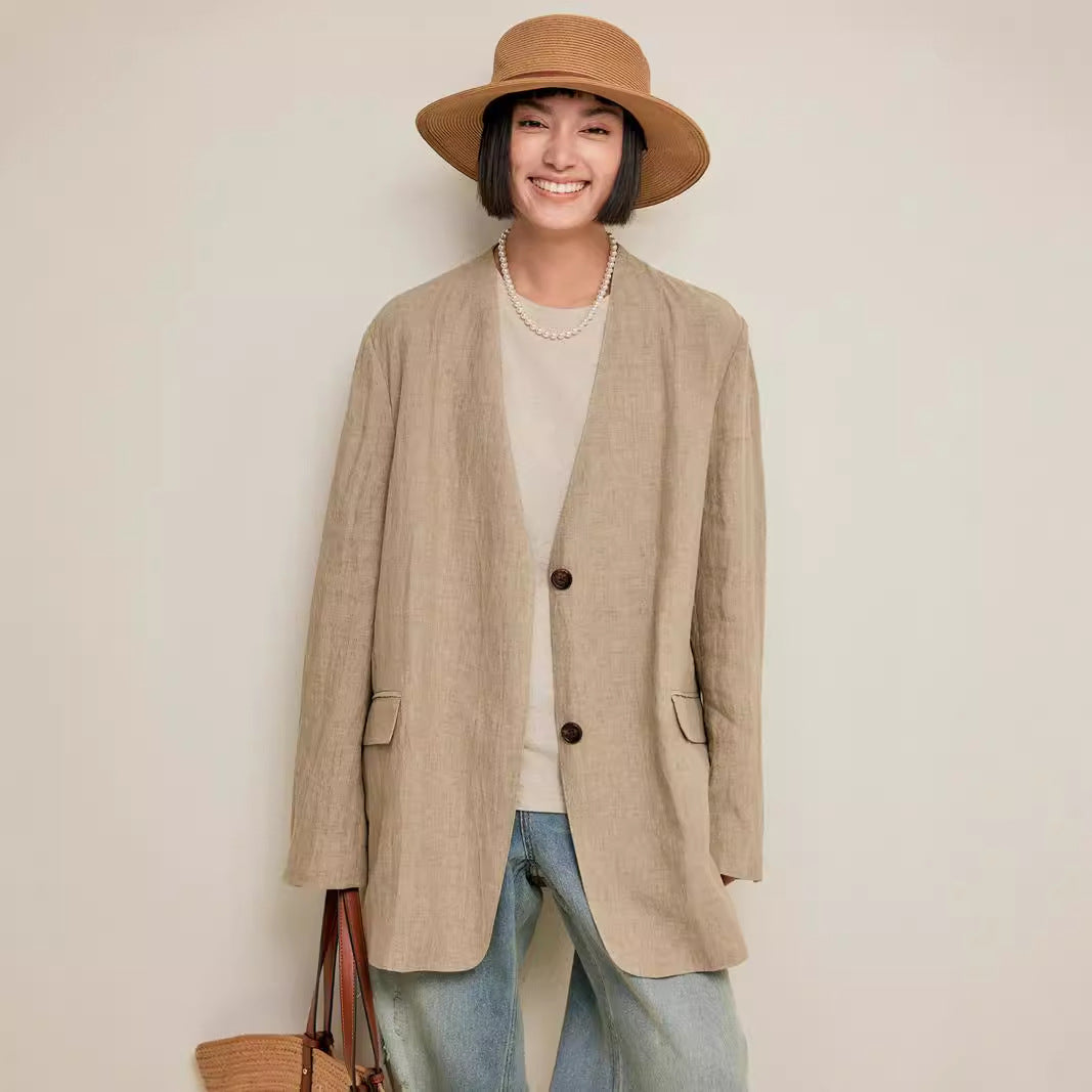2025 spring old money style woven linen thin collarless blazer, casual commuter v-neck top B0741