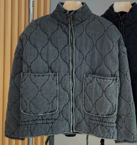 European and American style autumn and winter new women's clothing solid color casual fashion versatile pocket decoration cotton jacket 0002042