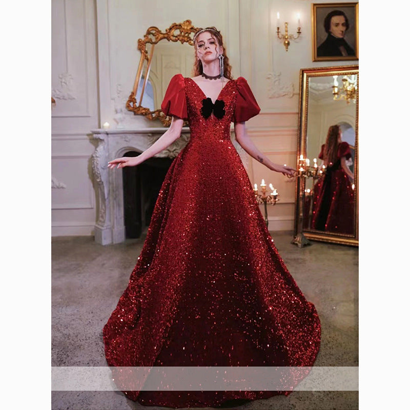 2025 Bridal Toast Clothing 2025 Autumn Red Sequins Noble Princess Dress on the Run Light Luxury Return Engagement Dress
