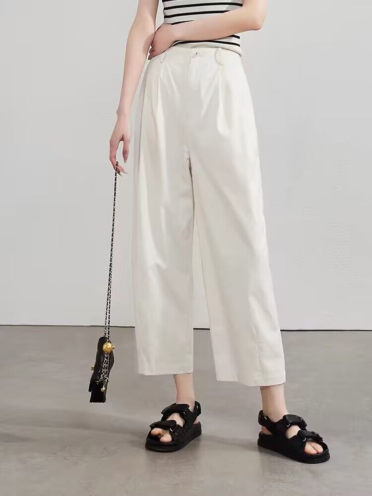ZllKl Solid Color Ankle-Length Knickerbockers New Summer Fashion Women's Wear Loose Slimming High Waist Casual Wide-Leg Pants Trendy
