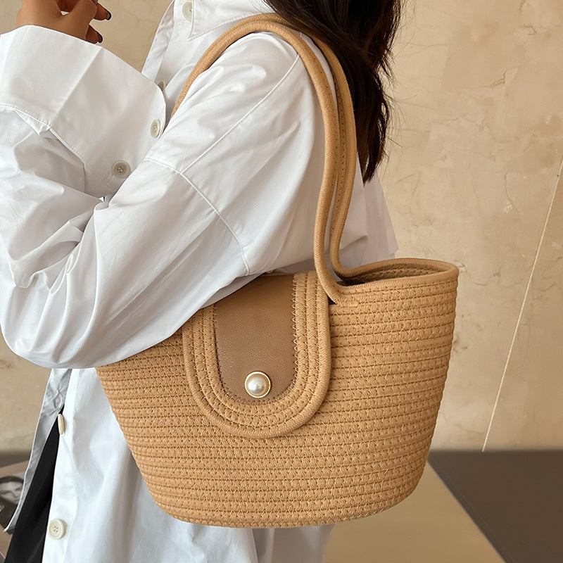 ZllKl Large Capacity Women's Shoulder Bag Crossbody Hand-Held Tote Straw Woven Woven Bag Pearl Cotton Underarm Pleated Cloud Design
