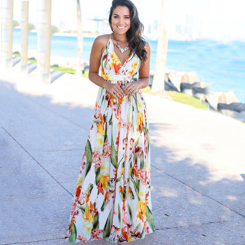 ZllKl Dress Summer New Women's Long Dress Cross Border Hot Suspender Skirt Printed Beach Long Dress