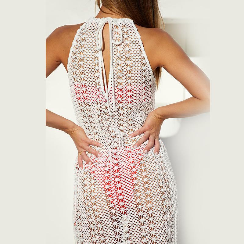 2025 summer new beach skirt women's solid color sexy mesh hollow beach bikini swimsuit blouse sunscreen clothing