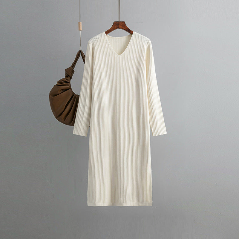 ZllKl Autumn and winter v-neck knitted dress women's outerwear straight tube thin long-sleeved pit strip split bottom knee sweater skirt