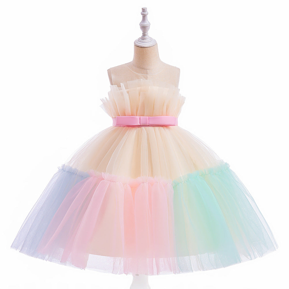 ZllKl One Year Old Celebration Dress Foreign Trade New Popular Girls Color Matching Pettiskirt Cake Dress Children's Dress