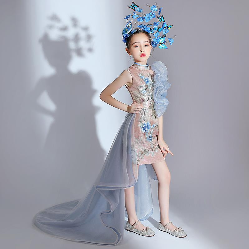 ZllKl National Fashion Girls Catwalk Dress Exaggerated Chinese Style Children's Model T Stage Fashion Costume Domineering Trendy Clothes Trailing