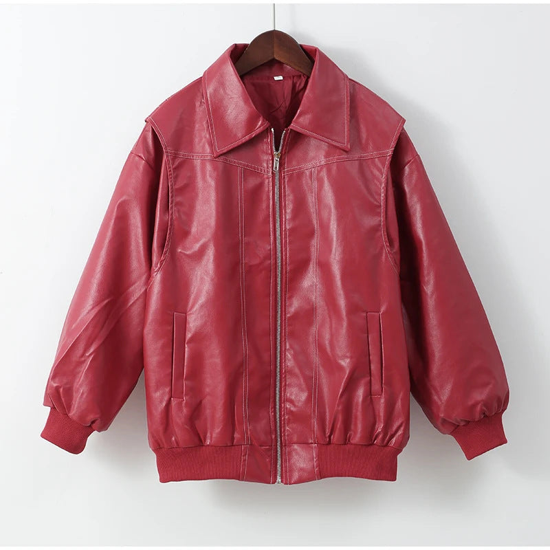 European and American cross-border 2025 winter retro lace-up faux leather jacket women's casual fashion lapel shawl Pu coat
