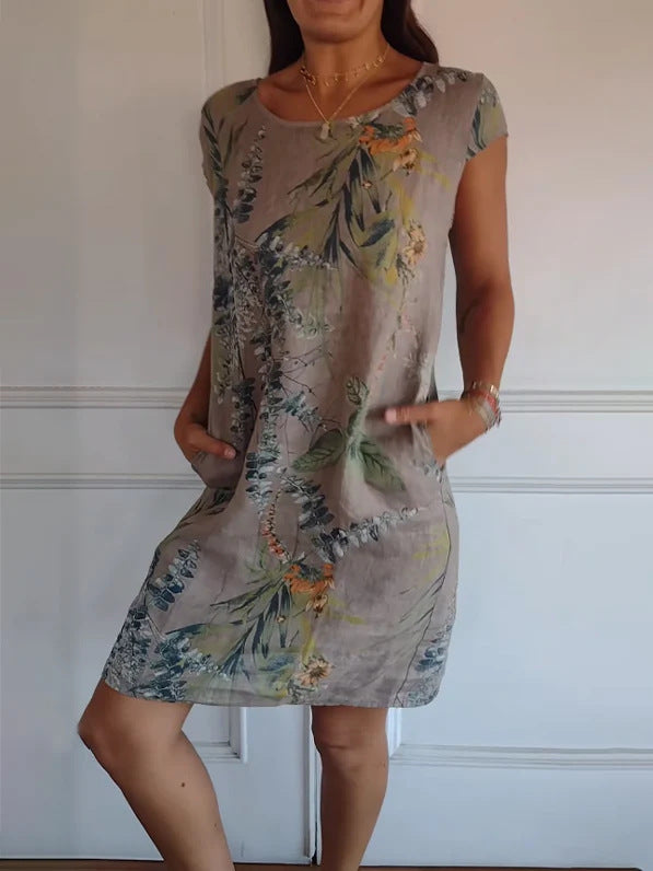 ZllKl Wish Independent Station Women's round Neck Loose Short Sleeves Printed Dress Women's Pocket Skirt