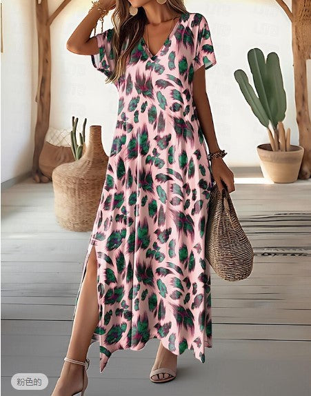 Zllk Women's Casual Dress Summer Digital Printing Split V-neck Street Style Short Sleeve Regular Dress