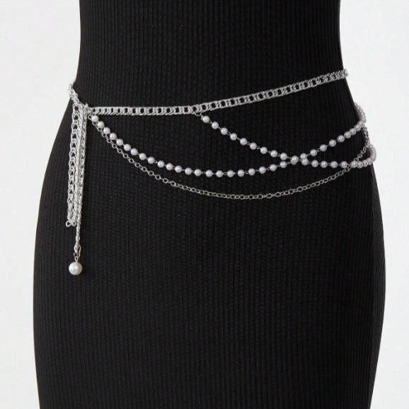 FB3354 2025 waist chain pearl chain metal chain cross wave fringe pendulum chain waist chain body chain