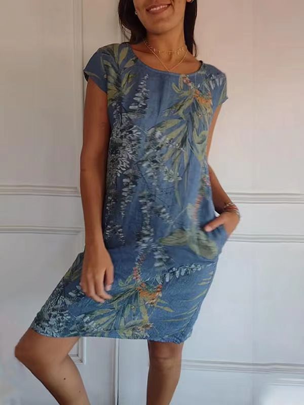 ZllKl Wish Independent Station Women's round Neck Loose Short Sleeves Printed Dress Women's Pocket Skirt