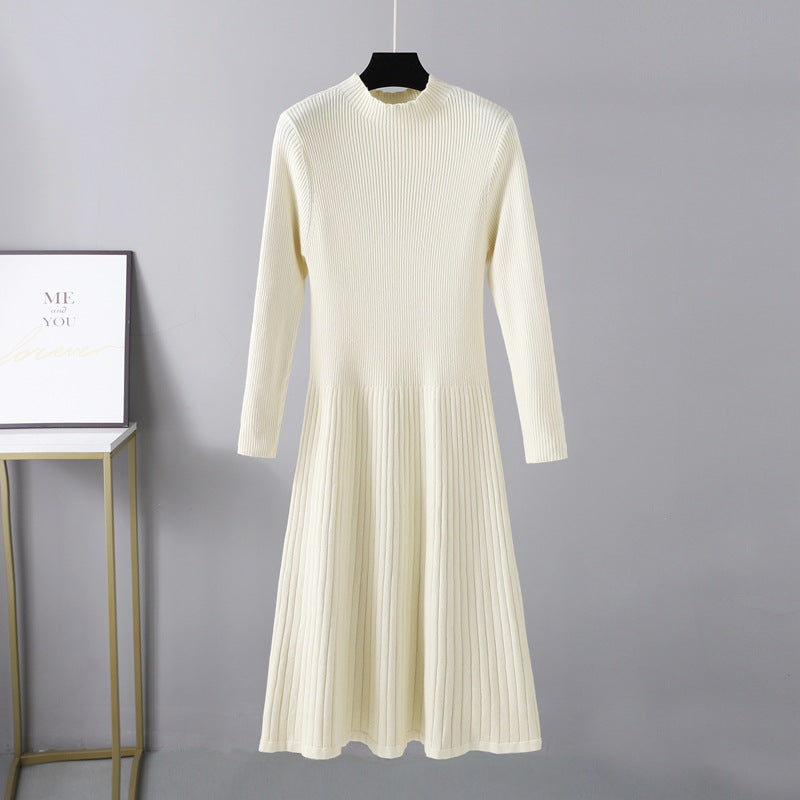 ZllKl Knitted semi-turtleneck dress for women, slim and thin in autumn and winter, thickened medium and long umbrella skirt, pink sweater skirt