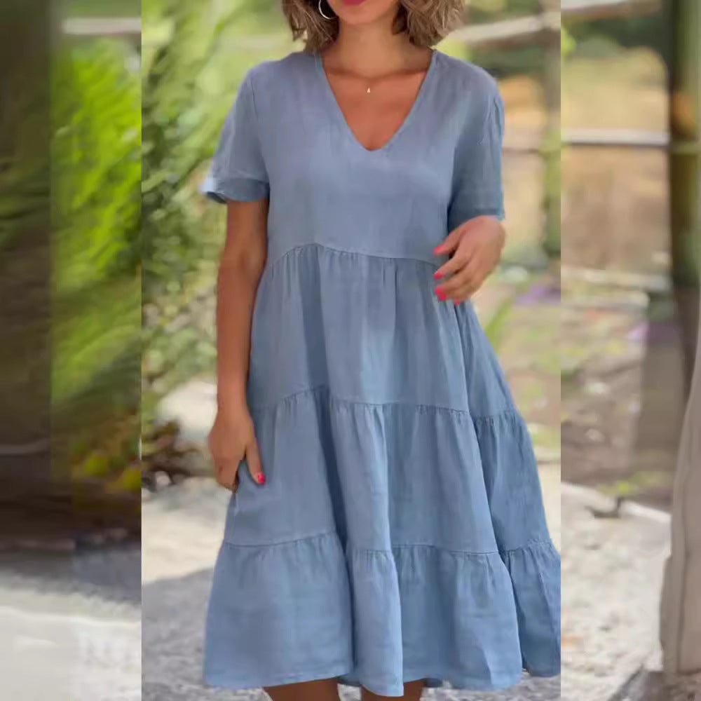 ZllKl European American Summer New Women's Clothing Fresh Sweet V-neck Solid Color Wide Hem Casual Skirt Dress