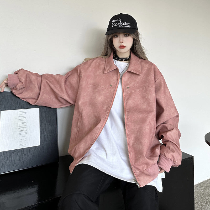 Real shot #Hong Kong style retro leather jacket women's 2023 autumn and winter new loose high street lapel baseball jacket tide
