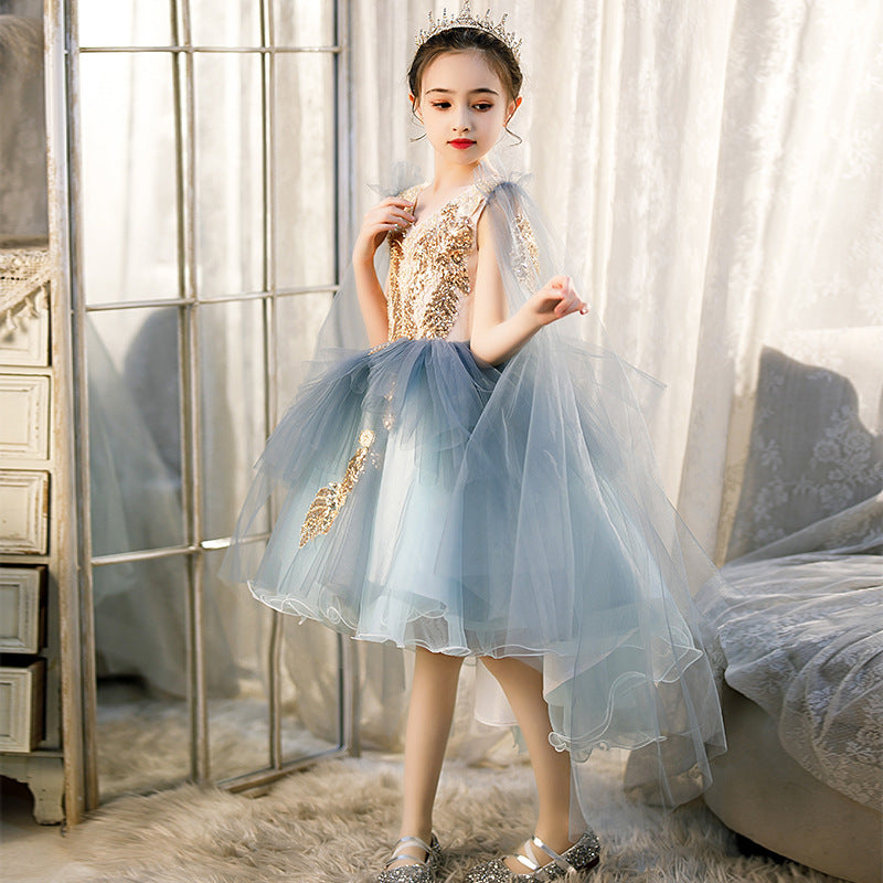 ZllKl Girls' Dress Princess Dress Tulle Tutu Western Style Children Model Host Catwalk Piano Performance Dresses of Bride Fellow Kids Spring
