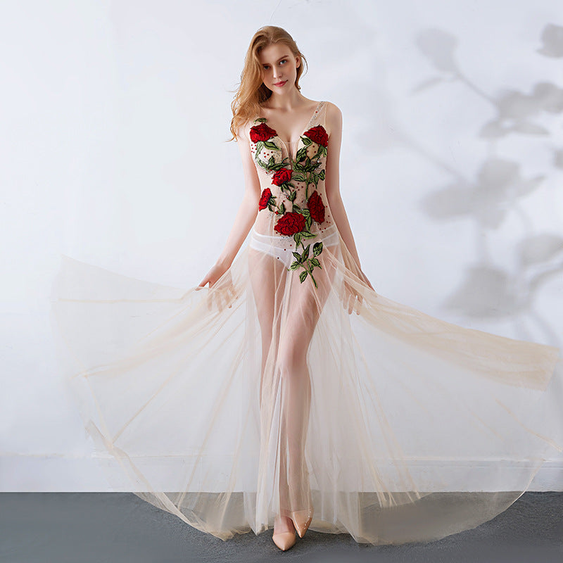 2025 G2006/sexy see-through dress lace mesh transparent slim low cut club ktv car show dress