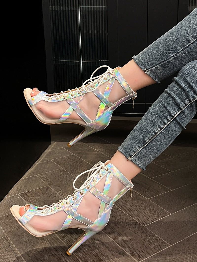 ZllKl Mesh Sandal Boots Women's Summer Peep Toe Sandals Lace-up Cutout Ankle Boots Jazz High Heels Stiletto Heel Silver Mesh Boots