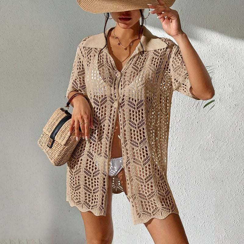 2025 Popular, popular summer new beach skirt women solid color sexy knitted beach bikini swimsuit blouse sunscreen clothing