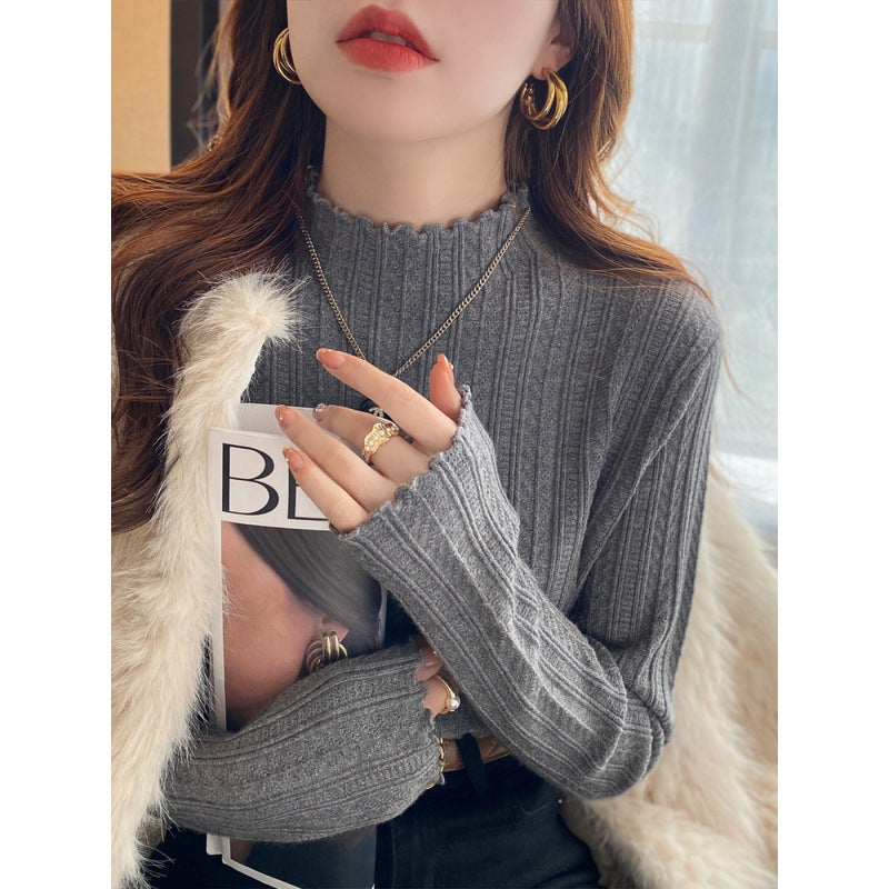 White bottoming shirt women's autumn and winter wear 2025 new semi-turtleneck fungus edge knitted sweater medium neck long-sleeved sweater