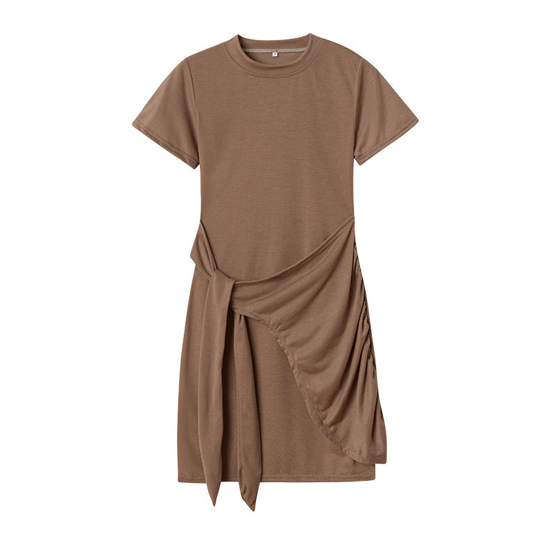 ZllKl European and American Popular Short Sleeve round Neck Pleated Bow Belt Irregular Dress