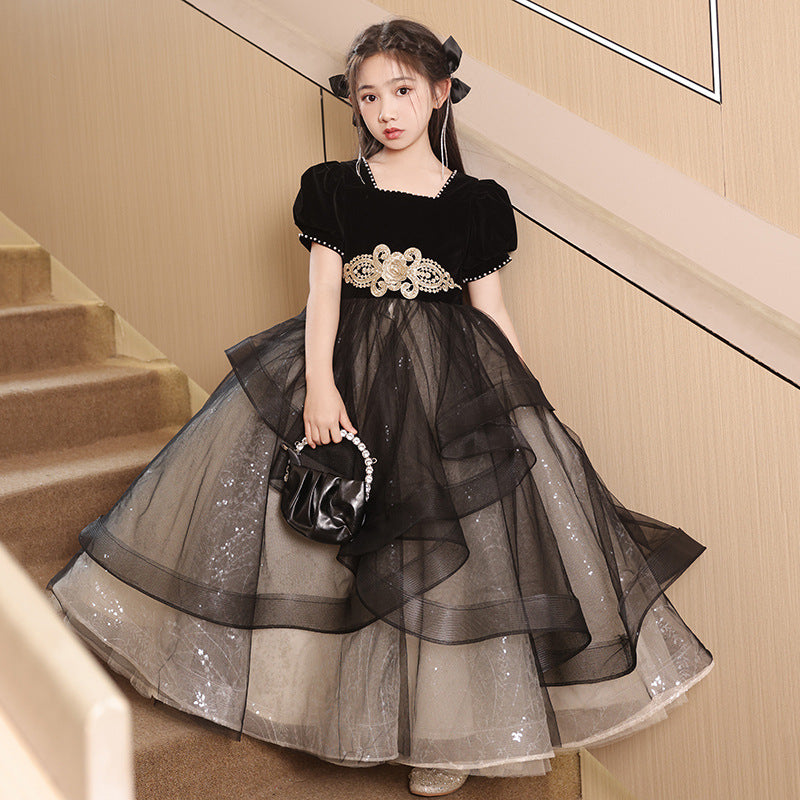 ZllKl Children's Dress Princess Dress Girls Evening Dress Light Luxury Minority High-End Black Host Piano Performance Costume