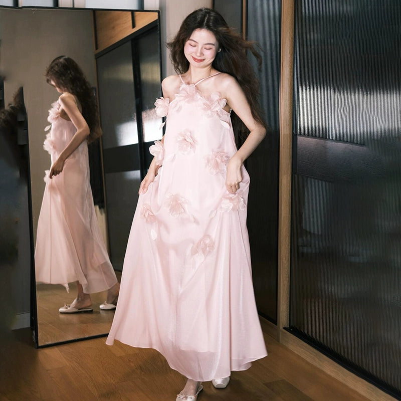 Pink morning gown femininity super fairy suspender bride return engagement dress banquet welcome three-dimensional flower dress