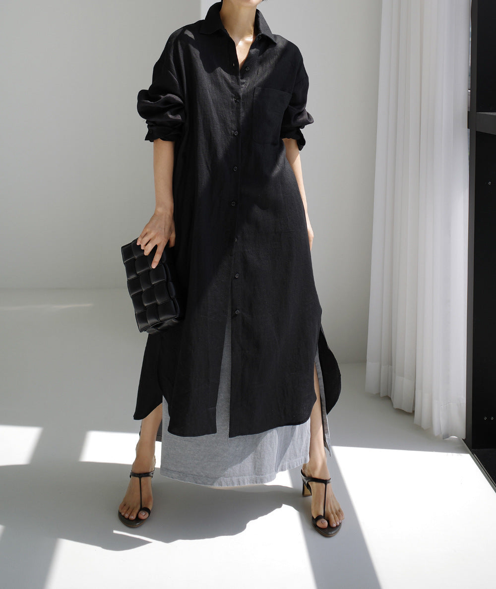 ZllKl Spring and Autumn Loose Oversized Shirt Dress Overknee Long Split Outer Wear Cotton Linen Shirt Solid Color Dress