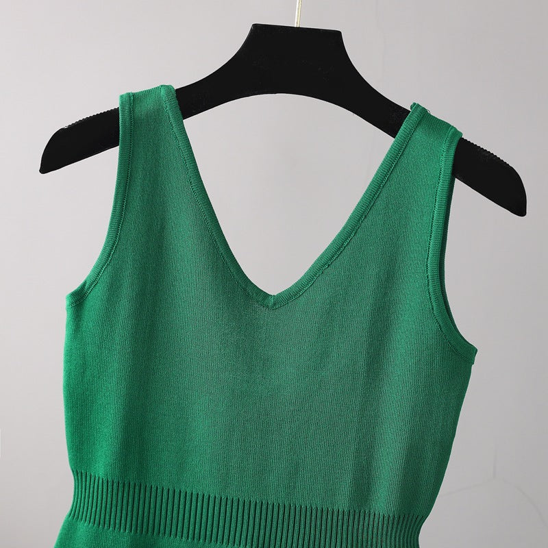 ZllKl retro sexy backless knitted suspender dress high waist and thin split fork medium and long dress women's autumn