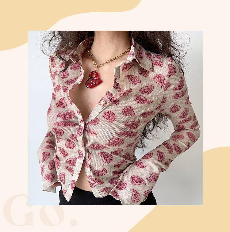 zllkl American Retro Fashion Slim Fit Polo Collar Hot Girl Long Sleeve Shirt Women Western Style Printed All-Matching Slim-Fit Crop-Top