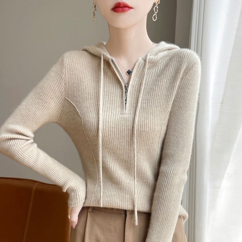 Half-zipper drawstring slim cashmere sweater women's pullover sweater autumn and winter solid color hooded wool knitted slim base