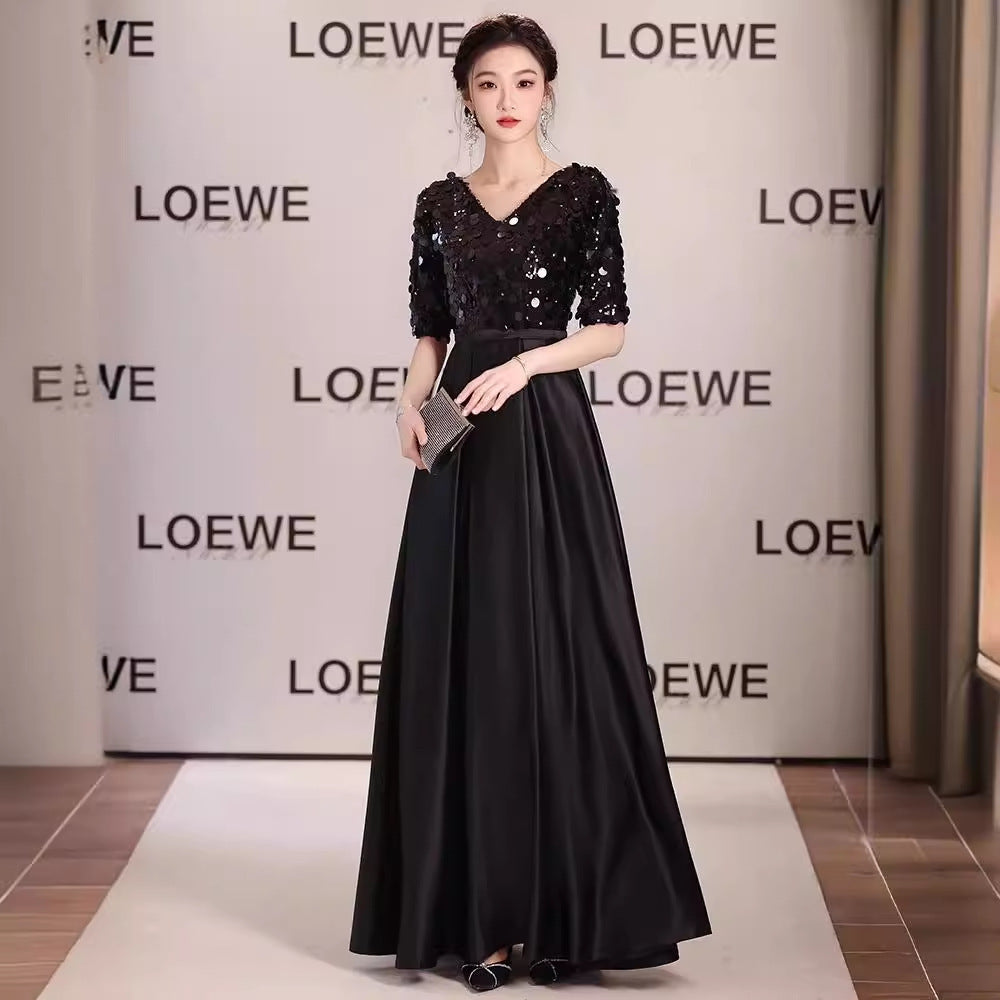 2025 Black V-neck long evening dress skirt 2025 new annual meeting catwalk art examination choir piano performance clothes wholesale