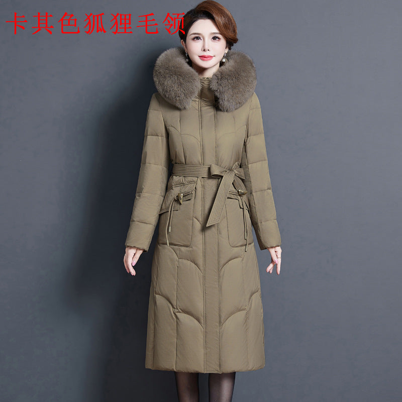 2023 new fashionable and foreign medium and long mother thickened winter knee jacket middle-aged white duck down jacket women