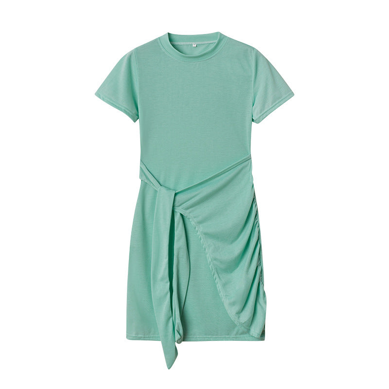 ZllKl European and American Popular Short Sleeve round Neck Pleated Bow Belt Irregular Dress