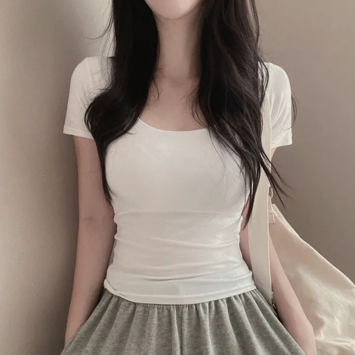 ZLLKL Manufacturer 5 colors, basic square neck short-sleeved t-shirt, short base thin slim slim top, women's summer and Korean version pure cotton
