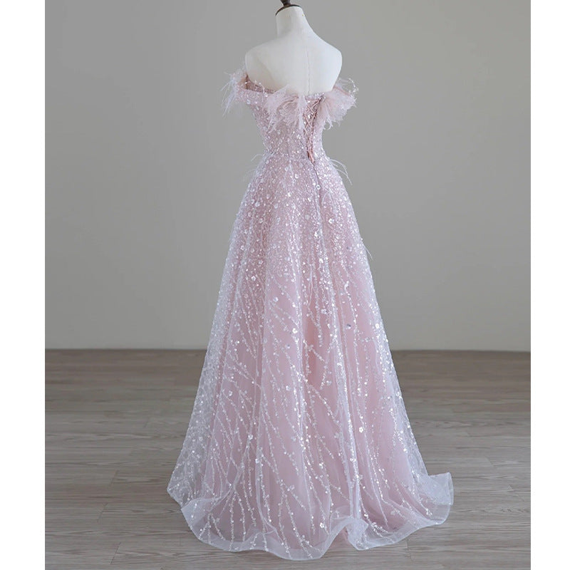 2025 Pink feather evening dress women's high sense one-word shoulder toast dress bride fairy temperament socialite engagement banquet princess dress