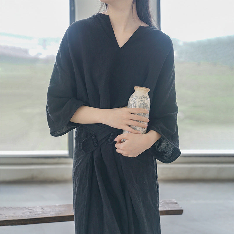 design literary and simple v-neck linen robe, new Chinese loose and thin belt dress L22180
