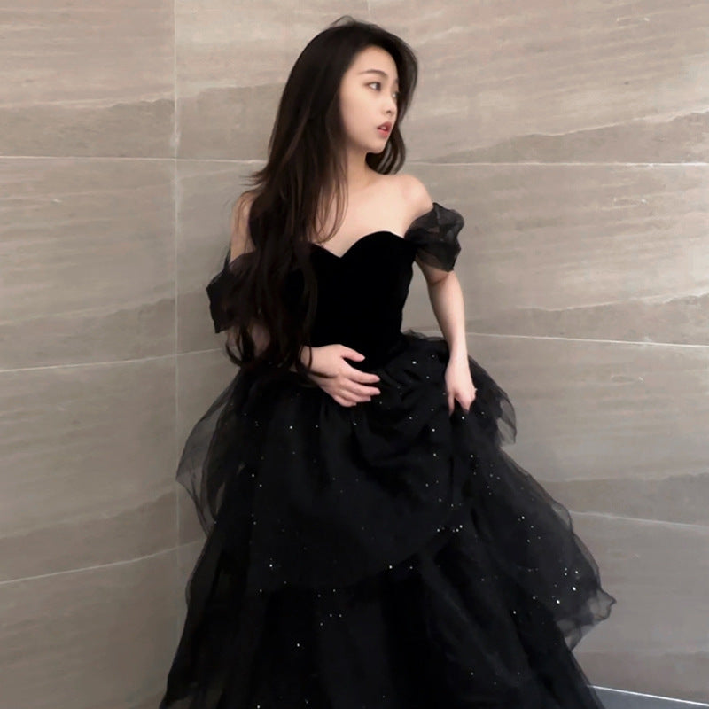 2025 Black evening dress skirt light luxury niche tutu skirt host female autumn art examination graduation adult ceremony New feeling