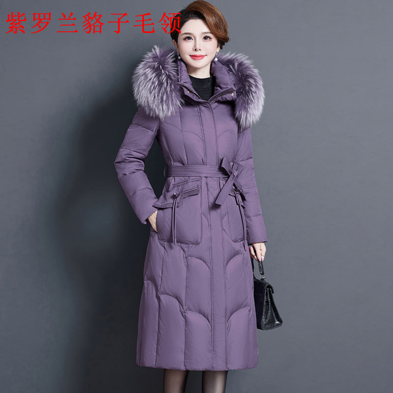 2023 new fashionable and foreign medium and long mother thickened winter knee jacket middle-aged white duck down jacket women