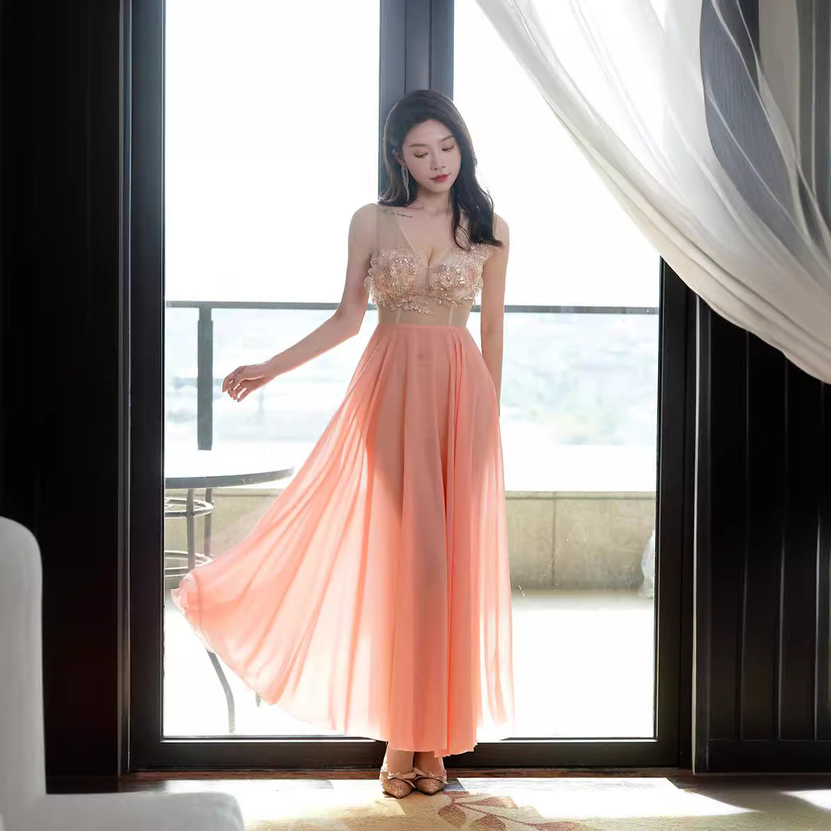 2025 Lace deep v sexy pure desire mesh chiffon ktv princess dress hottie sexy low cut dress high-end bath