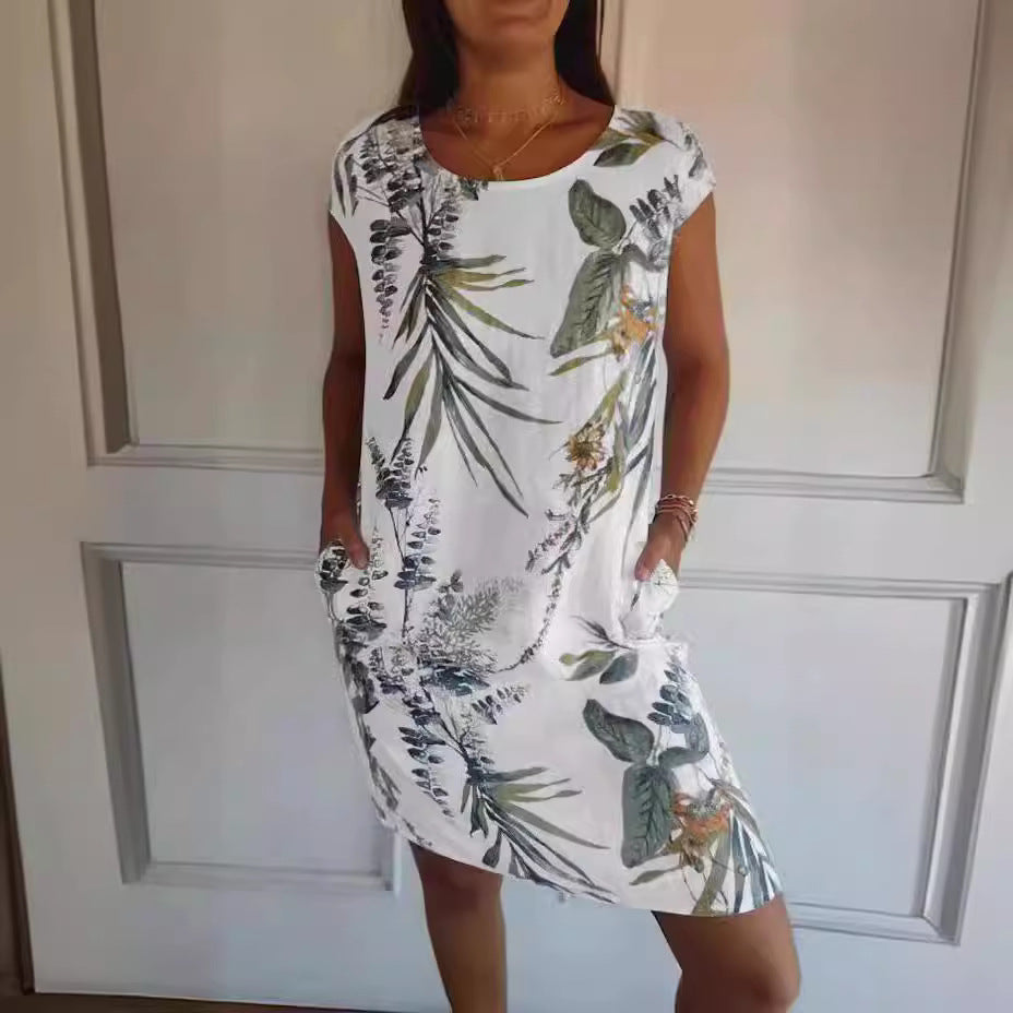 ZllKl Wish Independent Station Women's round Neck Loose Short Sleeves Printed Dress Women's Pocket Skirt