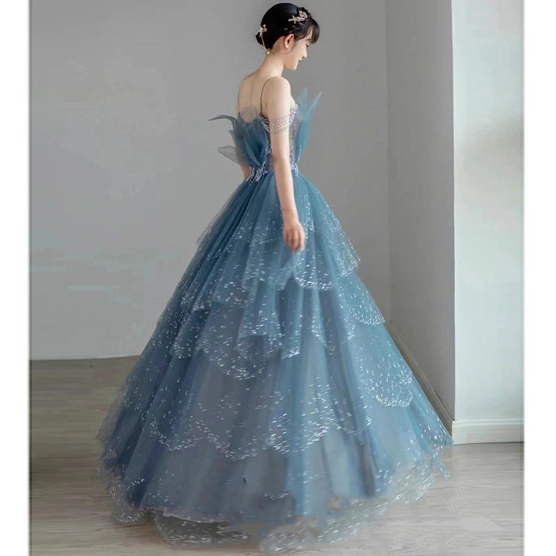 2025 Blue fugitive princess art exam evening dress dress for women 2025 new light luxury host niche bar mitzvah dress