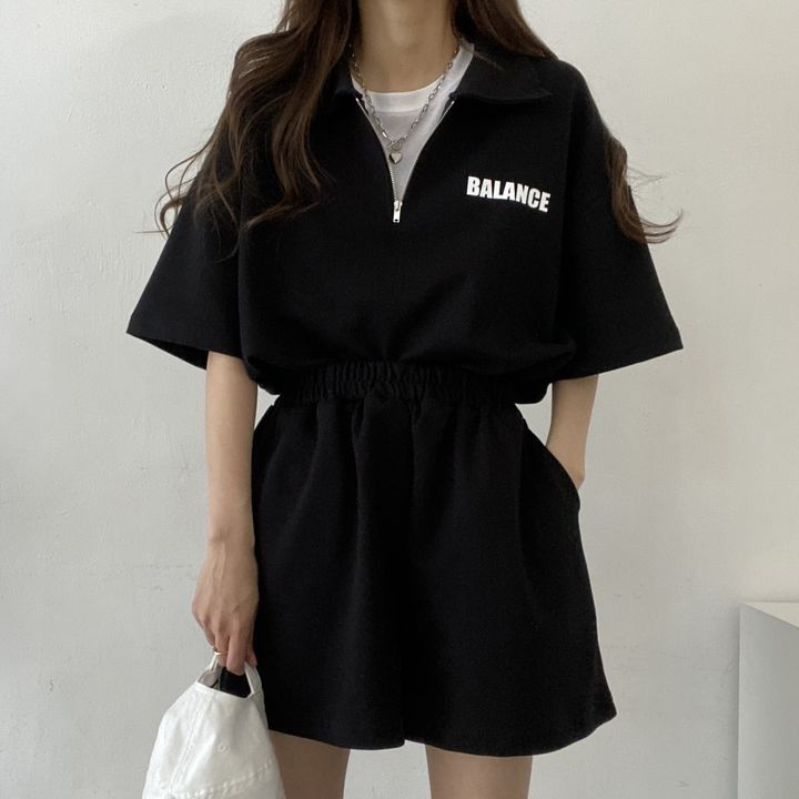 ZllKl Wholesale 4 colors, suit women's casual zipper short-sleeved two-piece set solid color Korean version cotton summer sportswear fashionable and loose