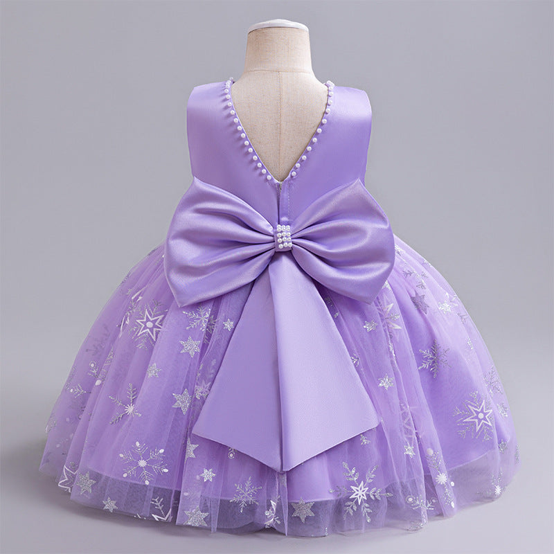 ZllKl Ice and Snow Mesh Princess Dress Neckline Pearl Birthday Dress Little Flower Girl Bow Girl Pettiskirt Dress