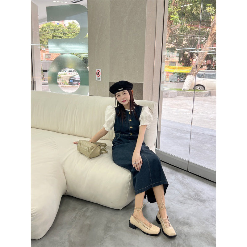 2025 Lace-up small leather shoes women's British college style square head single shoes niche design retro pig nose thick heel ballet single shoes