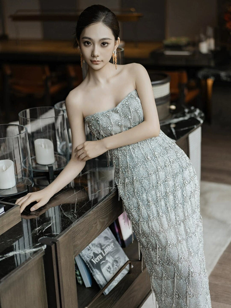 High-end heavy industry evening dress temperament light luxury sequined feather tube top fringed engagement welcome banquet fish tail toast dress